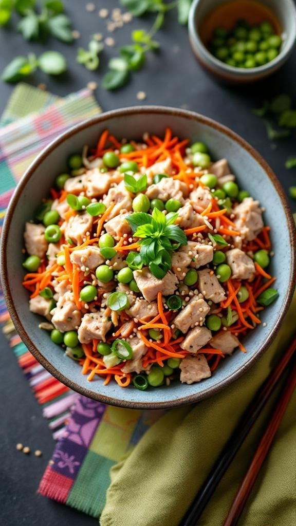 A colorful bowl of Asian-inspired tuna salad with carrots, peas, and a soy dressing.