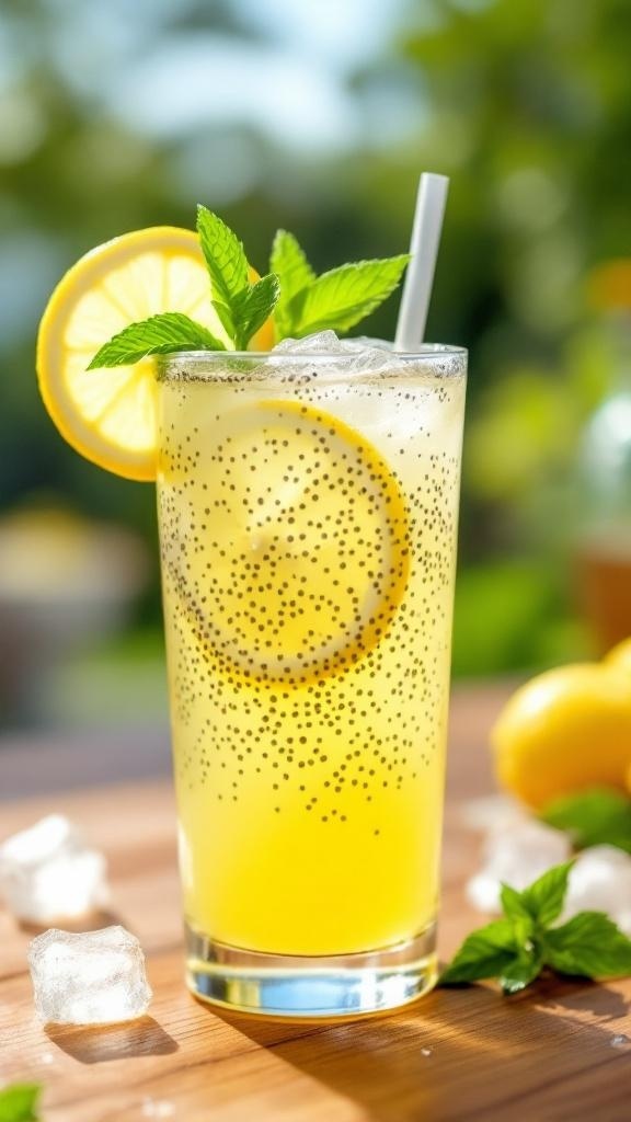 A glass of chia seed lemonade with lemon slice and mint, on a wooden table with ice.