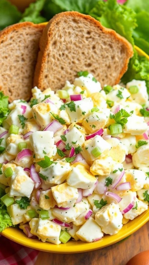 A bowl of healthy egg salad with chopped eggs, celery, and onion, served with bread and greens.