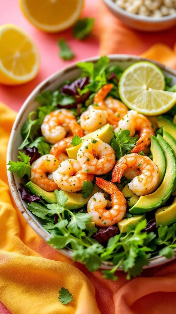 A colorful shrimp and avocado salad with greens and lemon slices