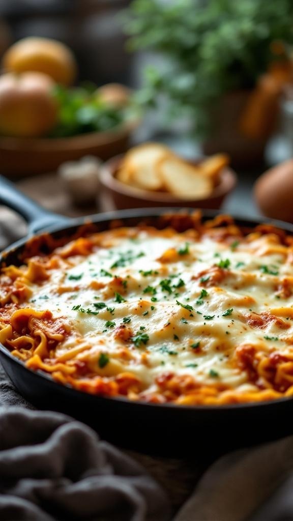 A skillet filled with lasagna, topped with melted cheese and parsley, surrounded by fresh ingredients.