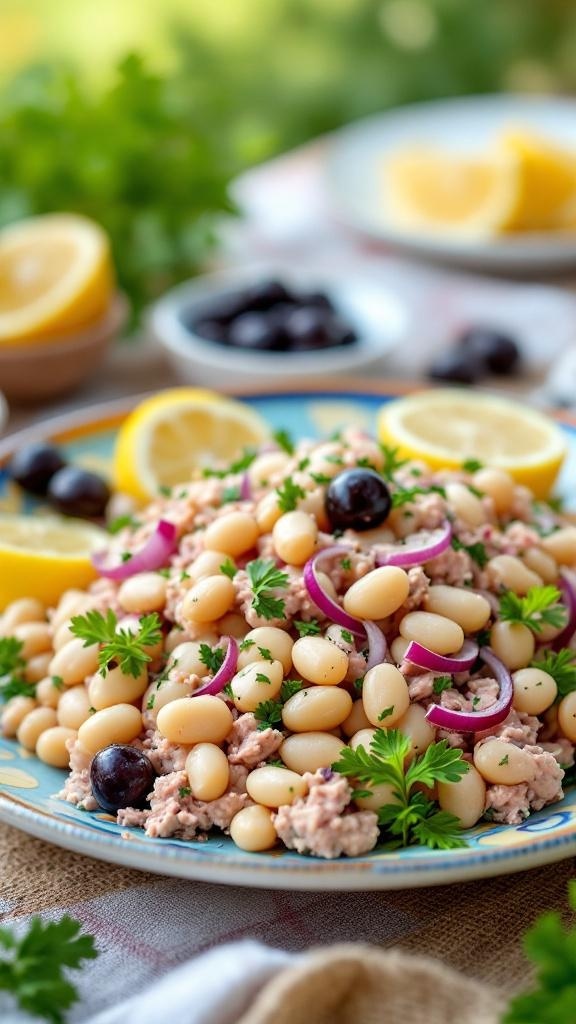 A colorful plate of tuna and white bean salad garnished with parsley and lemon slices.