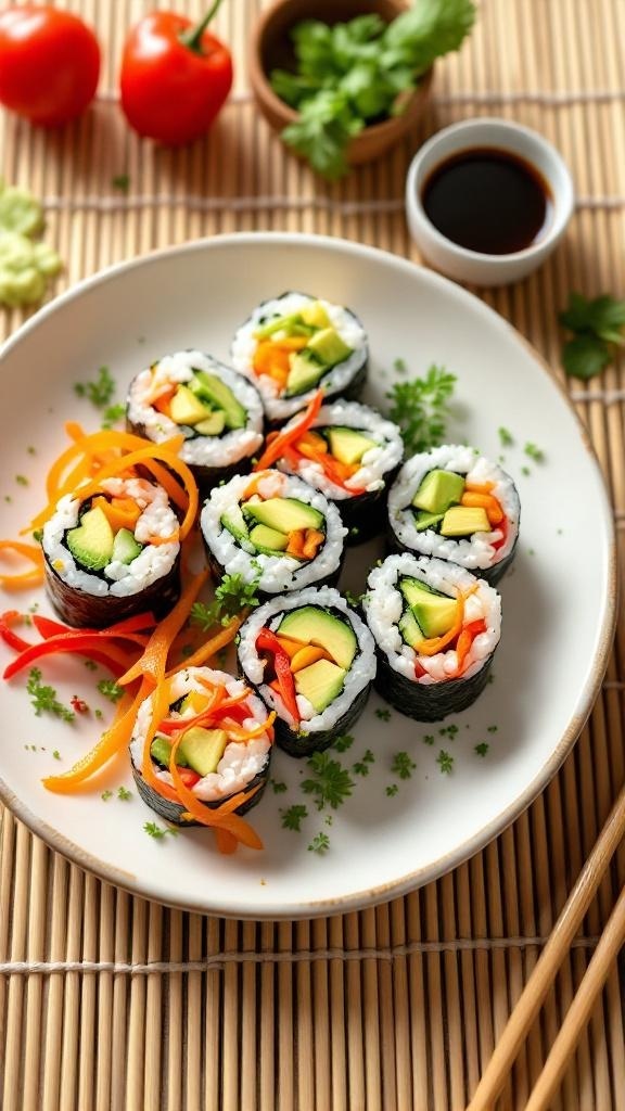 A plate of colorful veggie sushi rolls with fresh vegetables, served with soy sauce.