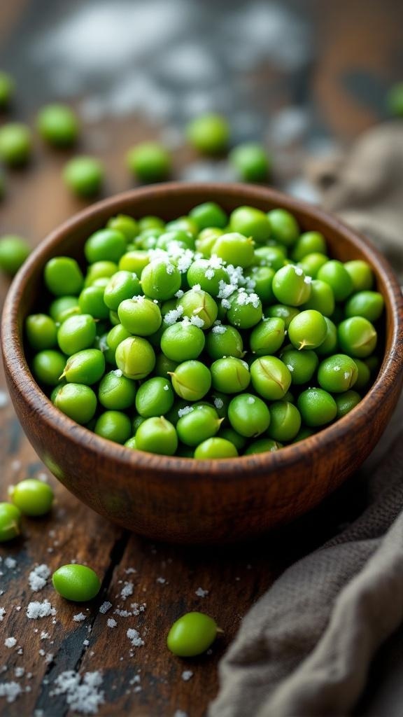 A bowl of edamame sprinkled with sea salt, set against a textured background.