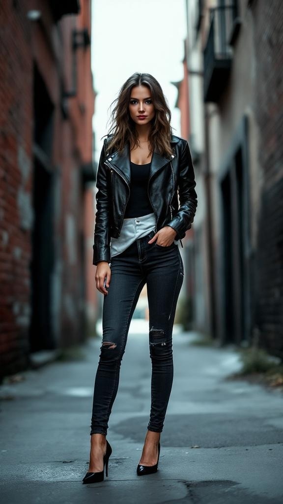 Model wearing a leather jacket with ripped jeans and kitten heels in an urban setting.