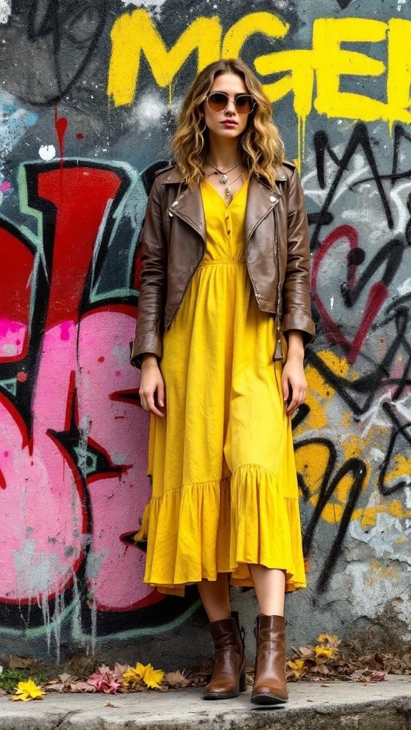 A woman wearing a yellow dress with a brown leather jacket and sunglasses, standing in front of colorful graffiti.