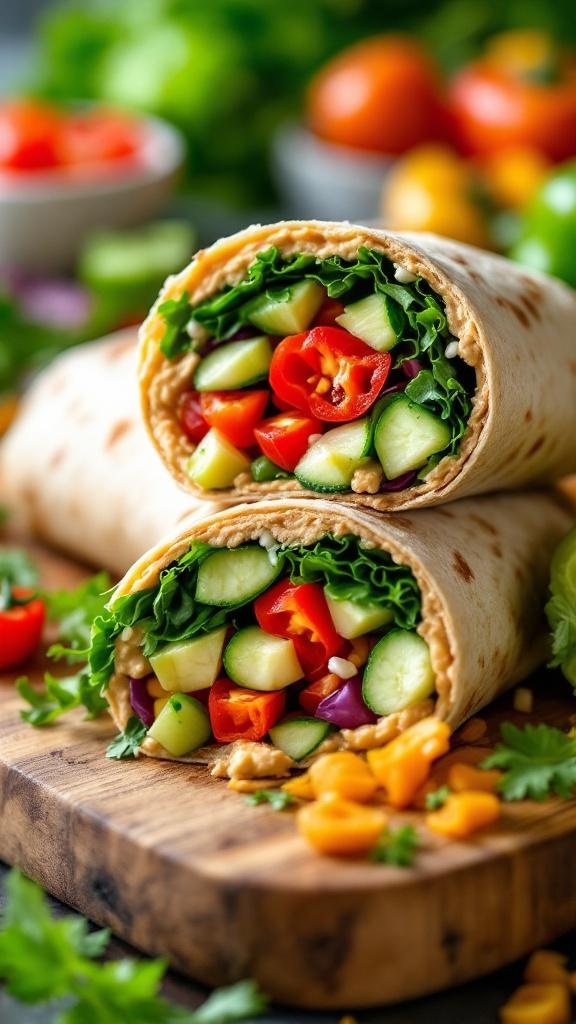 A close-up of a veggie-packed wrap with fresh vegetables, including cucumbers, bell peppers, and greens, on a wooden cutting board.