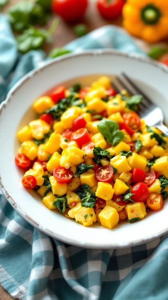 A colorful egg white and veggie scramble served in a bowl