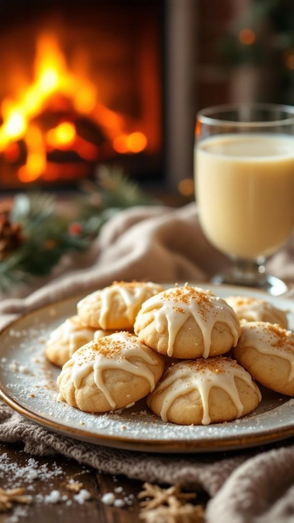 A plate of eggnog cookies with icing and a glass of eggnog beside a cozy fireplace.