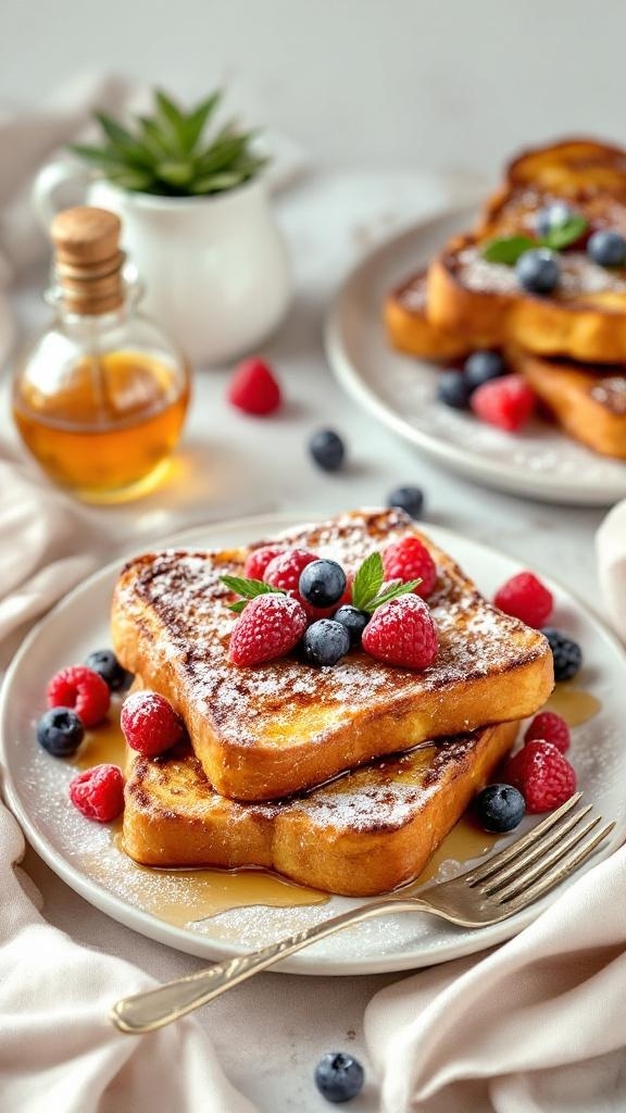 A plate of French toast topped with fresh berries and syrup, set on a light-colored tablecloth.