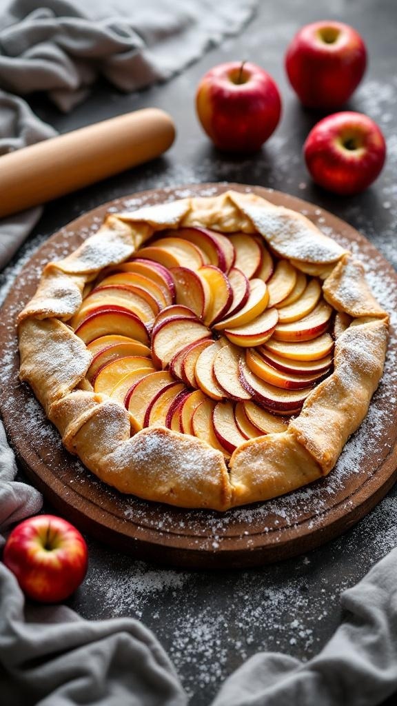 A beautifully arranged apple galette with sliced apples and a dusting of powdered sugar.