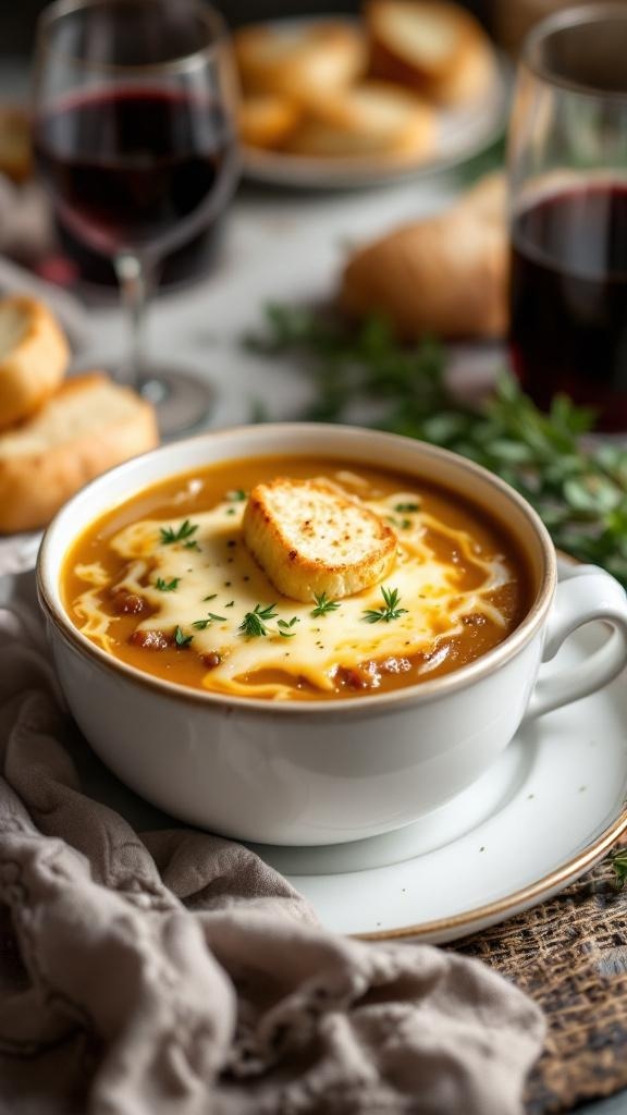 A bowl of French onion soup topped with melted cheese and a slice of toasted bread, surrounded by wine glasses and bread on the table.
