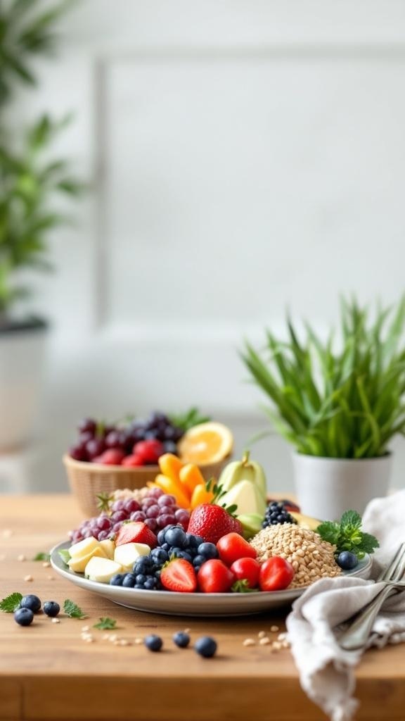 A vibrant plate of fresh fruits and nuts on a wooden table, with a background of green plants.