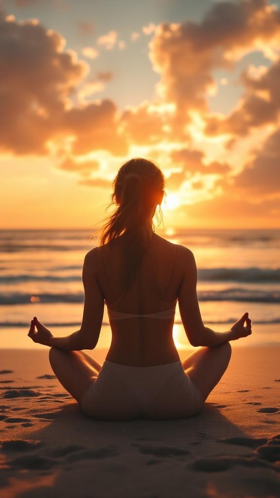 A woman meditating by the ocean during sunset, embodying mindfulness and peace.