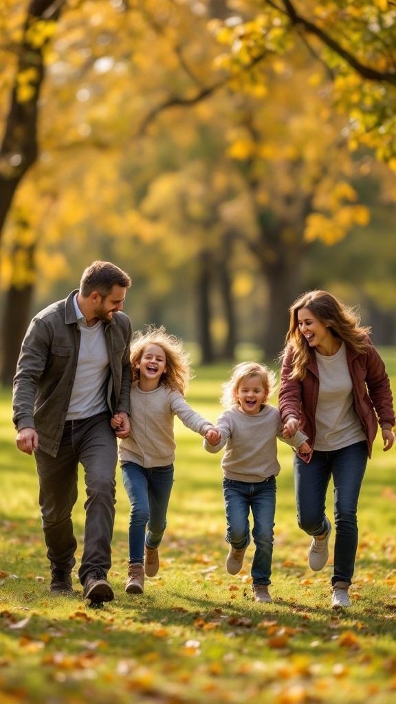 A family walking together in a park during autumn, enjoying quality time.