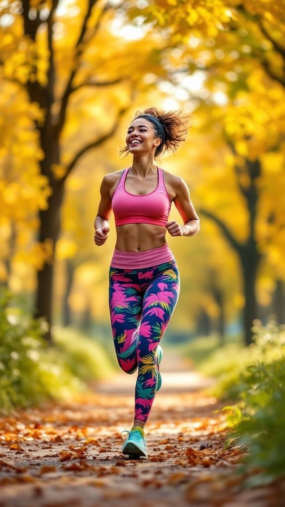 A woman jogging in a colorful outfit through a park with autumn leaves.