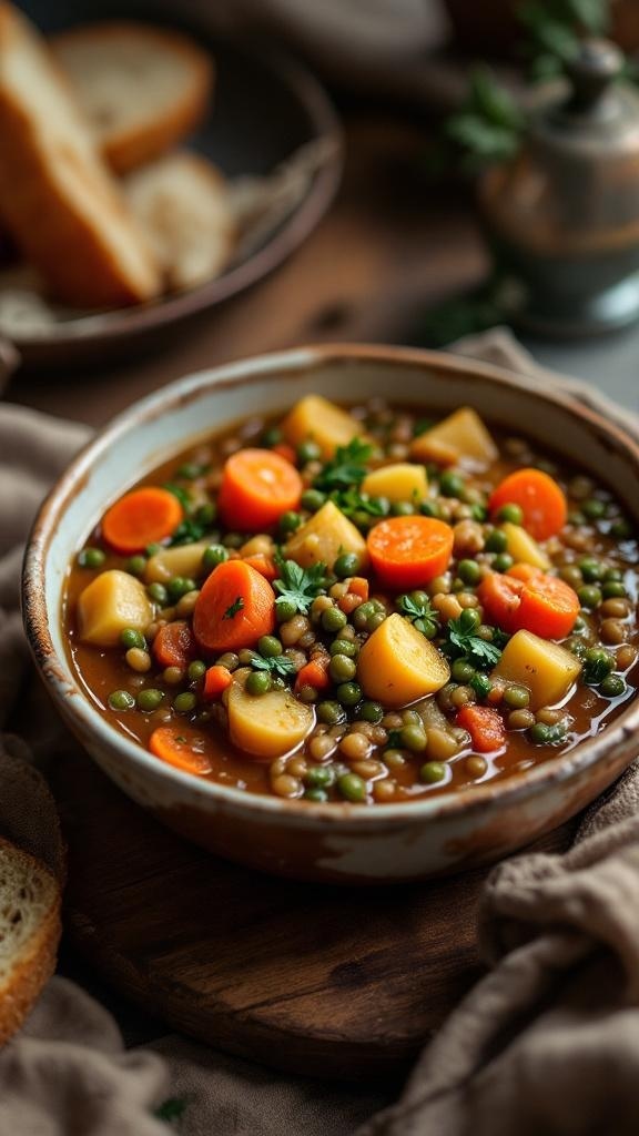A hearty lentil and vegetable stew in a bowl, with colorful vegetables and a rustic background.