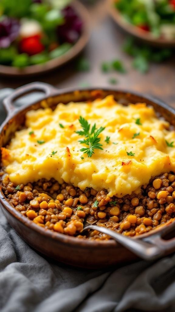 A delicious vegan lentil shepherd's pie with a golden mashed potato topping, served in a rustic dish.