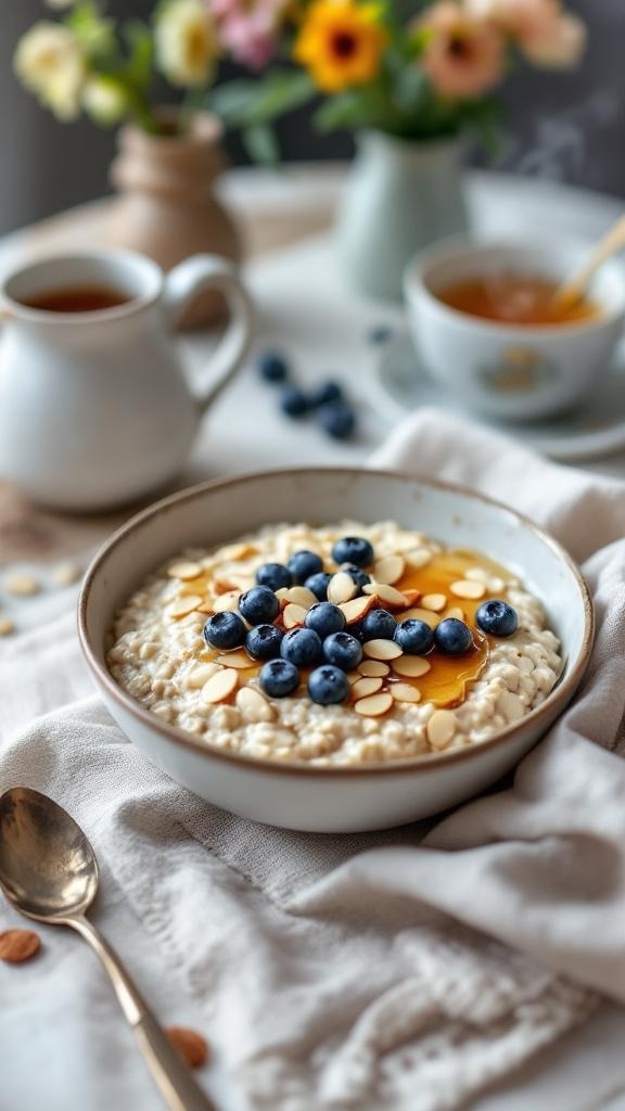 A bowl of oatmeal topped with blueberries, honey, and sliced almonds, with flowers and tea in the background.