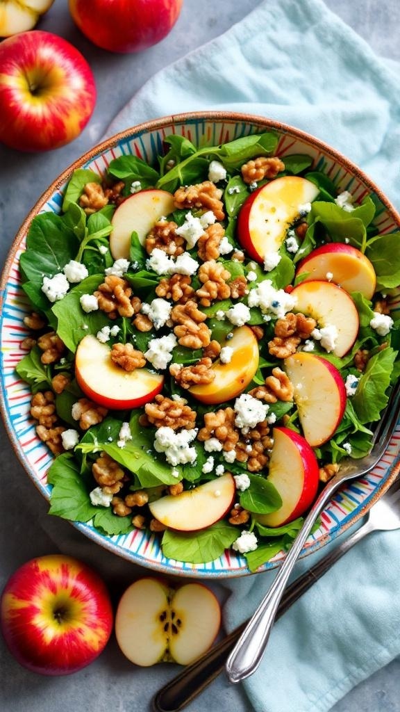 A colorful apple salad with greens, walnuts, and feta cheese in a decorative bowl, surrounded by fresh apples.