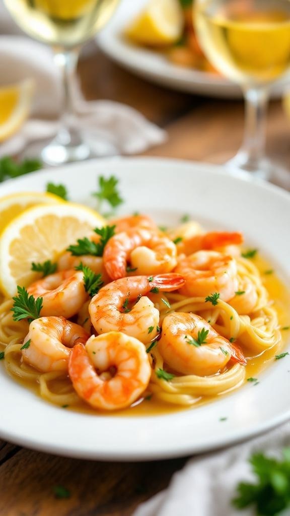 A plate of lemon butter shrimp scampi garnished with parsley and lemon slices