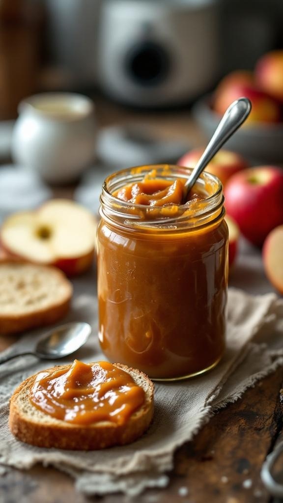 A jar of apple butter on a slice of bread with fresh apples in the background