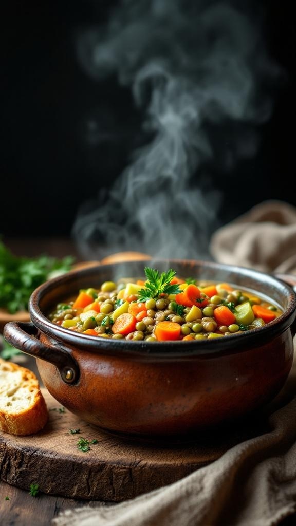 A warm bowl of lentil and vegetable stew with steam rising, garnished with parsley.