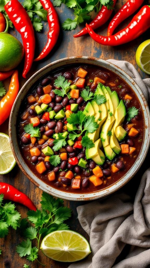 A bowl of spicy black bean soup garnished with avocado, cilantro, and surrounded by fresh ingredients.