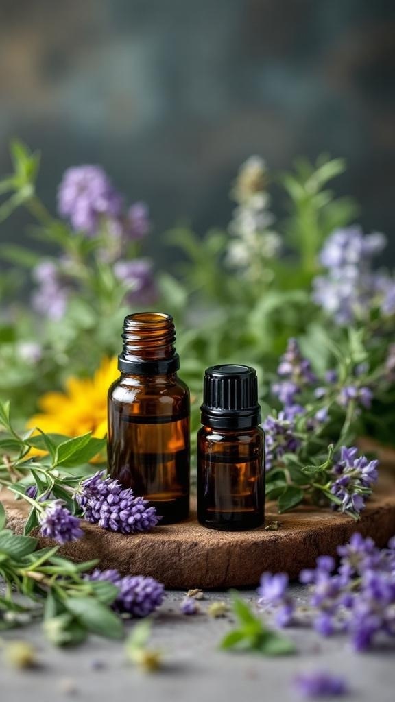 Amber bottles of essential oils surrounded by colorful flowers and greenery