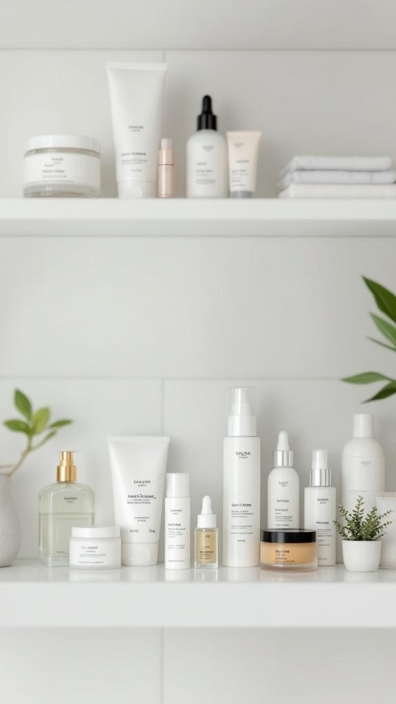 A neatly arranged shelf displaying various skincare products.