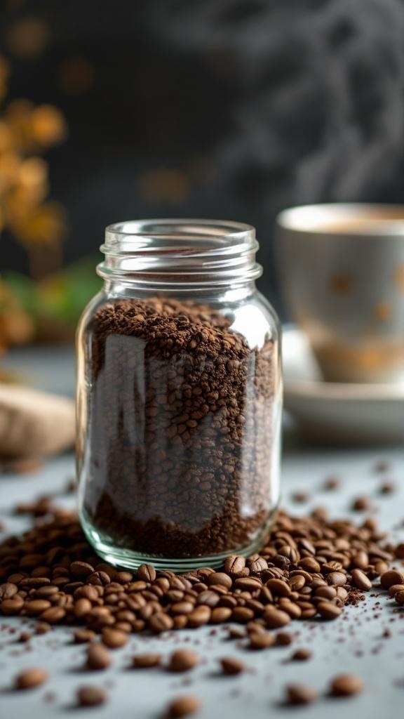 A cozy setup featuring a jar of coffee grounds and a steaming cup of coffee, with scattered coffee beans on a wooden surface.