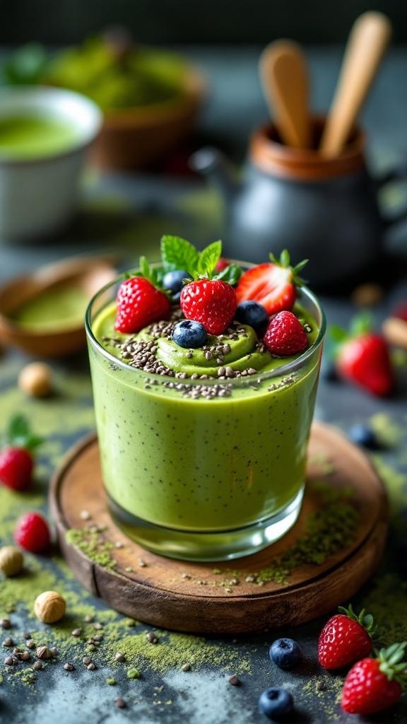 A glass of matcha chia seed pudding topped with fresh berries and mint leaves.