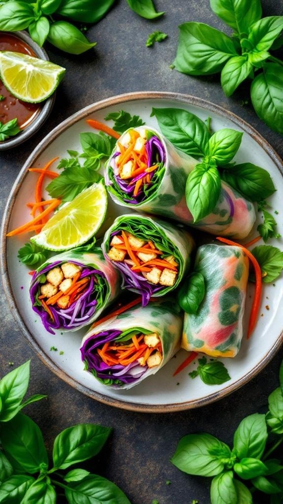 Colorful Thai basil and tofu spring rolls on a plate with lime and dipping sauce