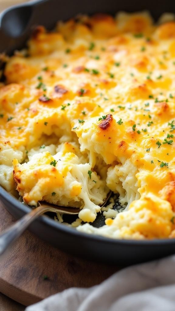 A cheesy cauliflower bake with a golden crust and bubbling cheese, garnished with parsley.