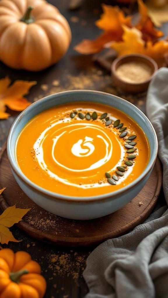A bowl of creamy butternut squash soup garnished with pumpkin seeds and a swirl of cream, surrounded by autumn leaves and a small pumpkin.