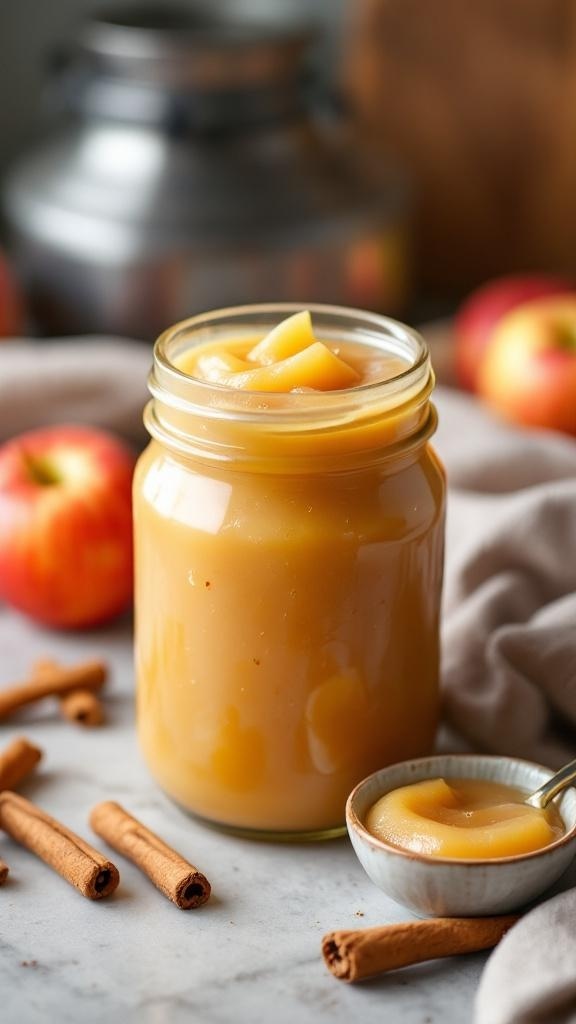 A jar of homemade apple sauce with fresh apples and cinnamon sticks