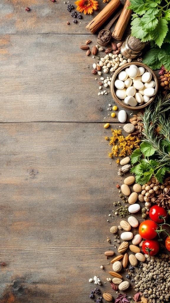A variety of herbs, seeds, and nuts displayed on a wooden surface, showcasing natural remedies.