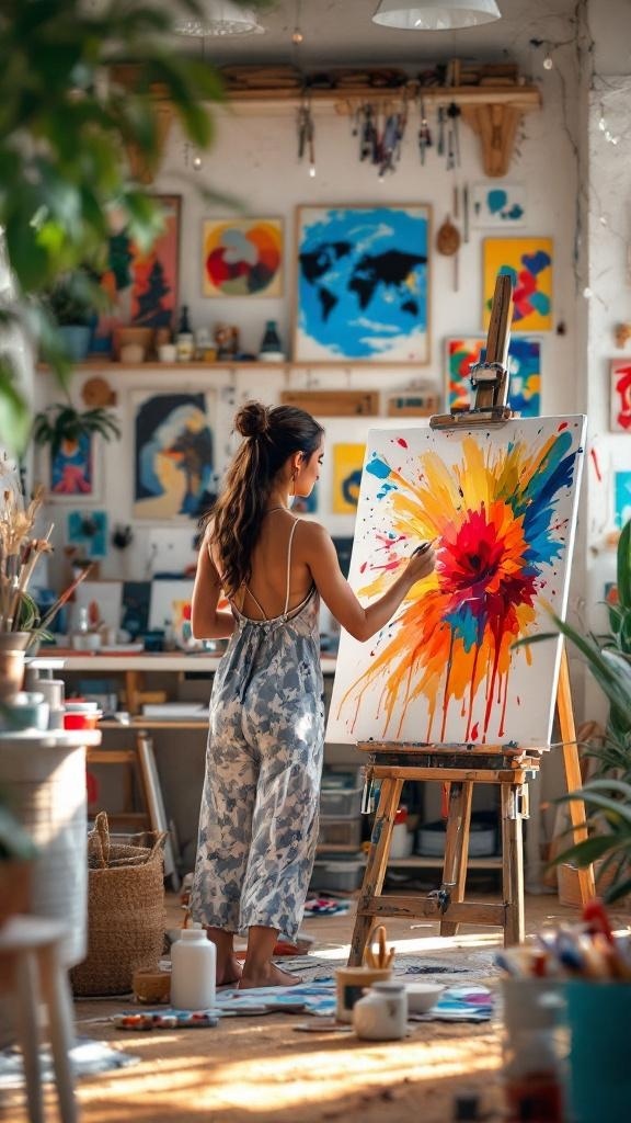 A woman painting in a colorful art studio