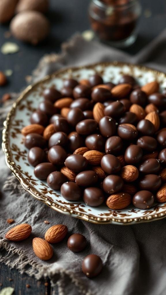 A plate of chocolate-covered almonds with some raw almonds and a bowl of crushed nuts beside it.