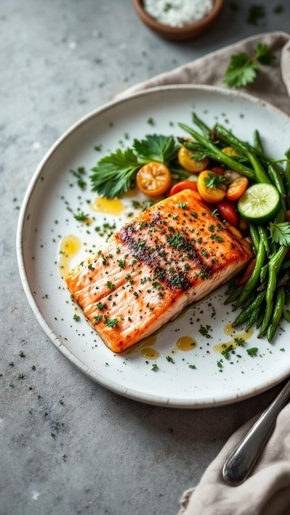 A plate of grilled salmon with green beans and cherry tomatoes, garnished with herbs.