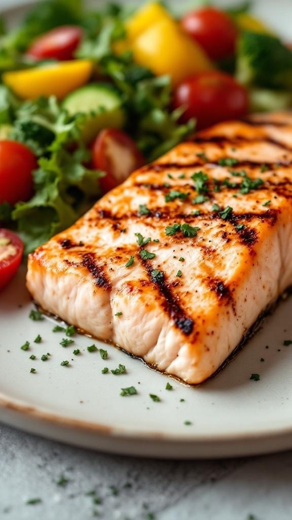 Grilled salmon fillet served with a fresh salad of tomatoes and greens.