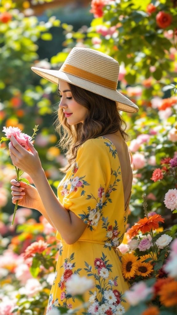 A woman in a yellow floral dress holding a flower in a garden full of blooms.