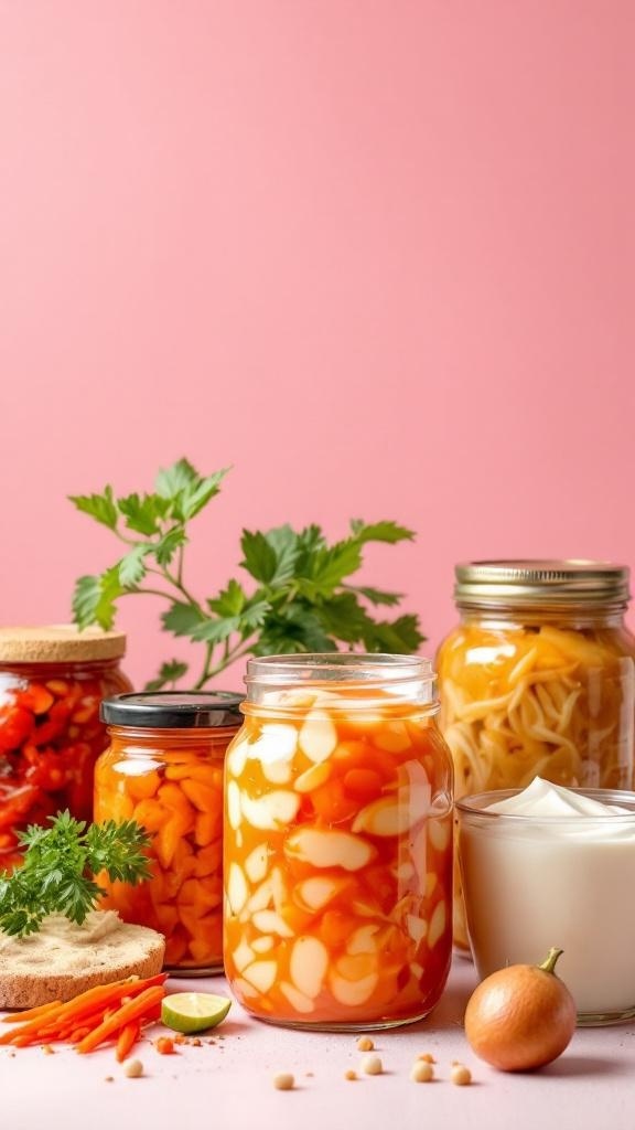 A variety of colorful fermented foods in jars, including carrots, peppers, and yogurt, set against a pink background.