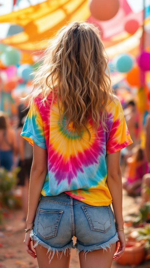 A woman wearing a colorful tie-dye shirt and denim shorts at a festival, with a vibrant background of balloons and decorations.