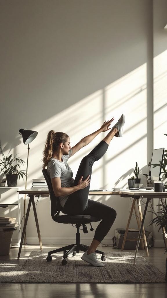 A person stretching their leg while sitting at a desk in a bright office space.
