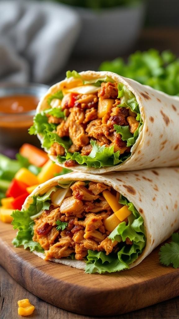 Delicious BBQ chicken wraps filled with lettuce, chicken, and colorful veggies on a wooden board.