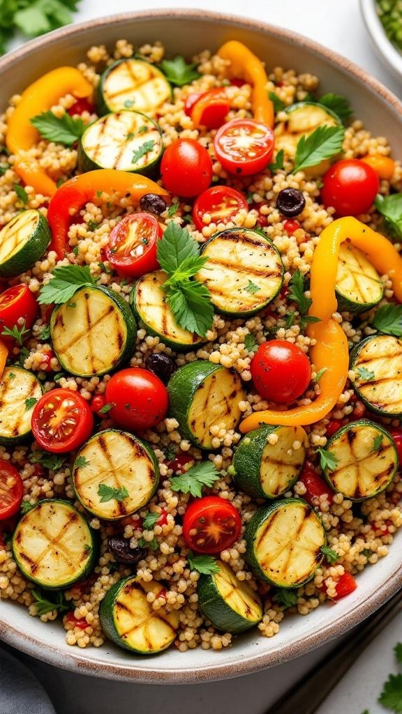 A vibrant bowl of grilled vegetable quinoa salad featuring zucchini, bell peppers, cherry tomatoes, and herbs.