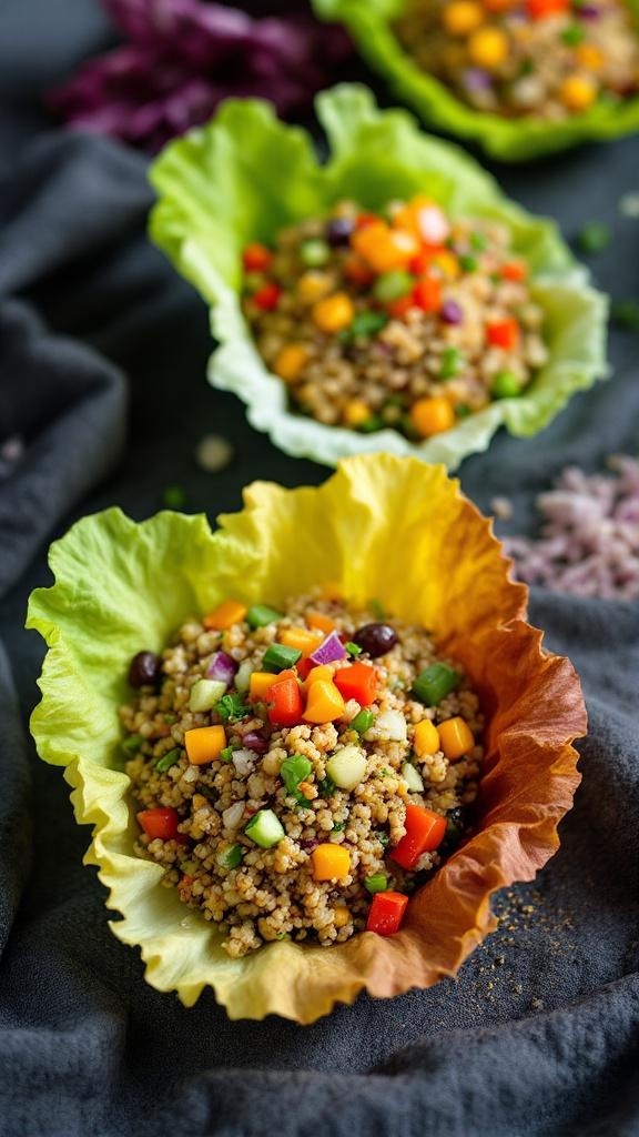 Colorful quinoa salad cups filled with vegetables and herbs, served in lettuce leaves.