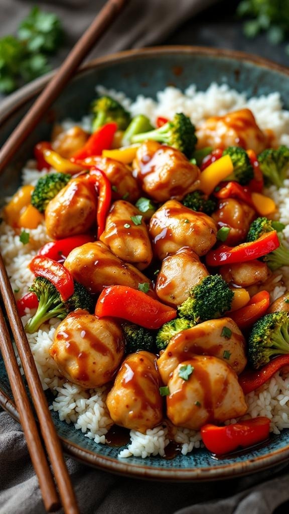 A colorful plate of teriyaki chicken with broccoli and bell peppers served over rice.