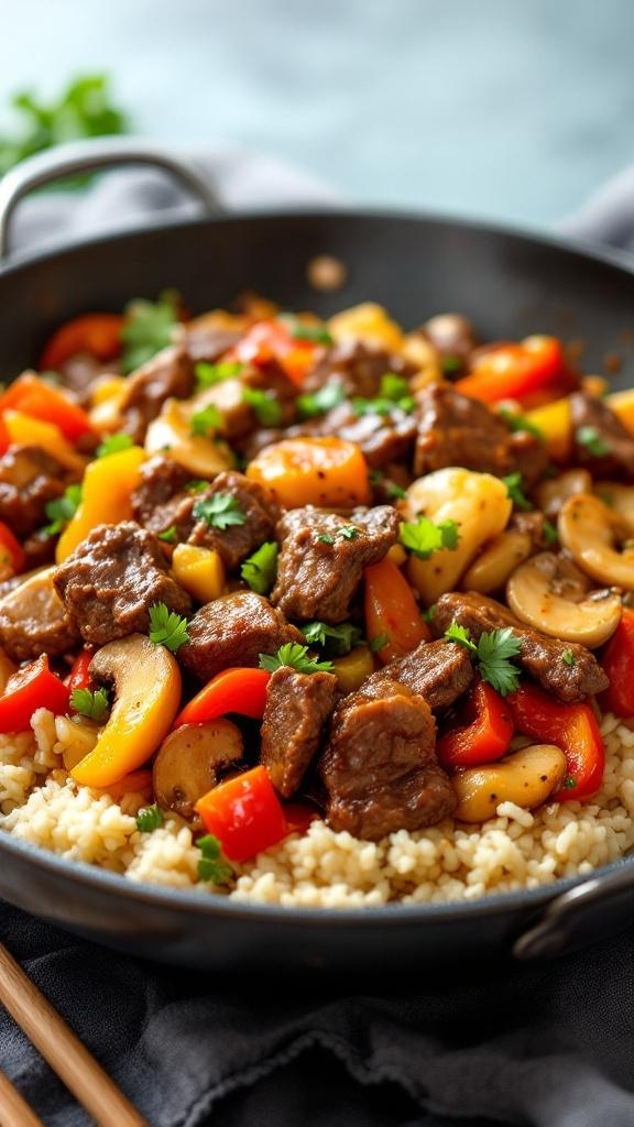 A colorful beef and mushroom stir-fry with bell peppers and cilantro, served over a bed of cauliflower rice.